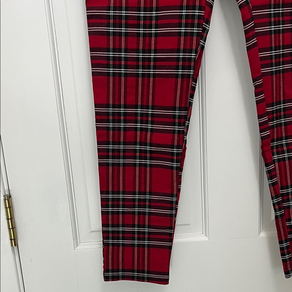 Zara Red and Black Tartan Plaid Pull On Skinny Pants - Size Large - Picture 5 of 15
